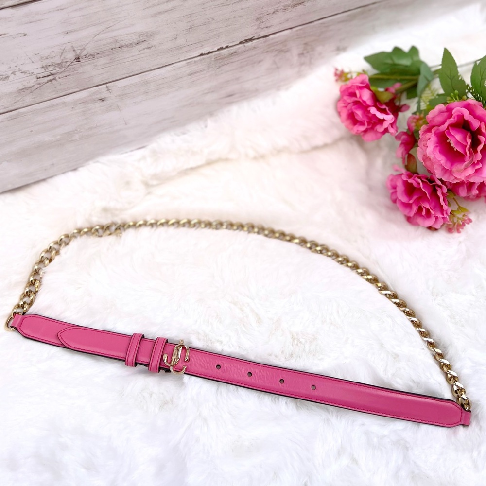 NEW Size Medium Jimmy Choo Gold Chain Pink Leather Emblem Logo Belt